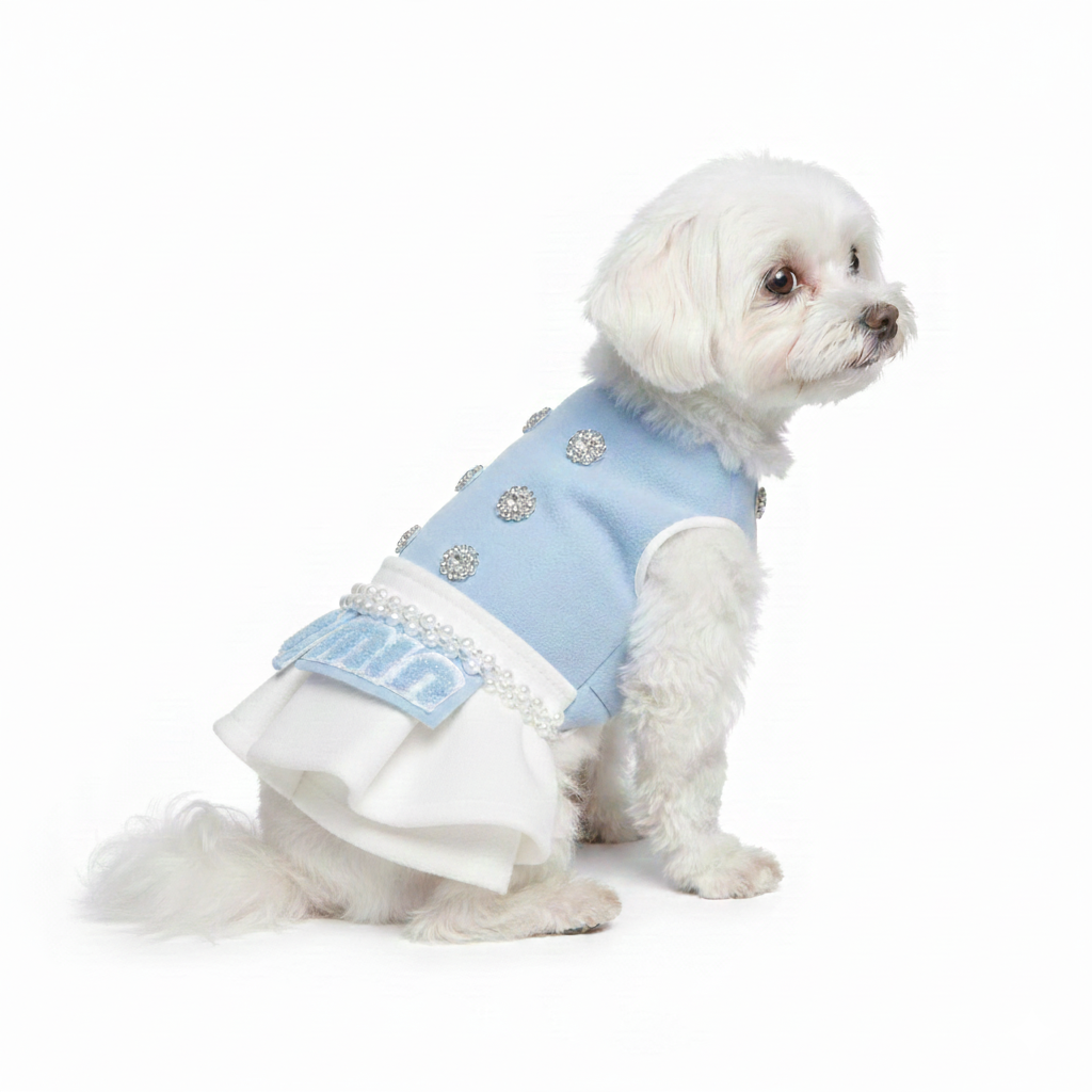 Designer-Style Blue Pearl Tweed Pet Dress Set