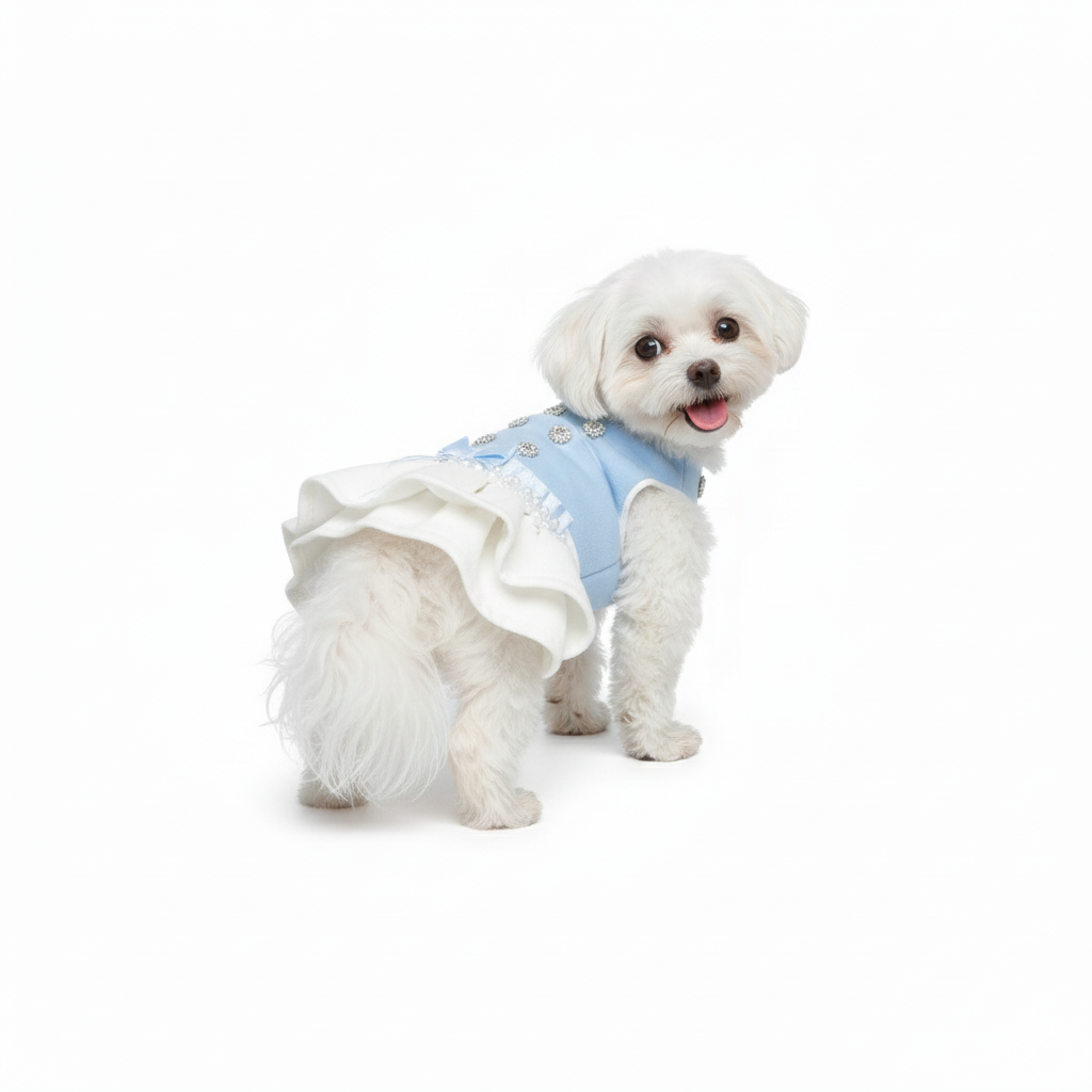 Designer-Style Blue Pearl Tweed Pet Dress Set